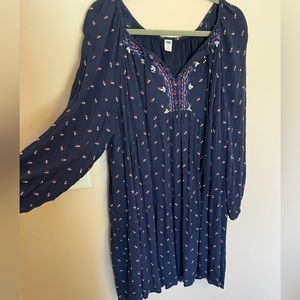 Old Navy, flowy navy blue dress with red and white print long sleeve